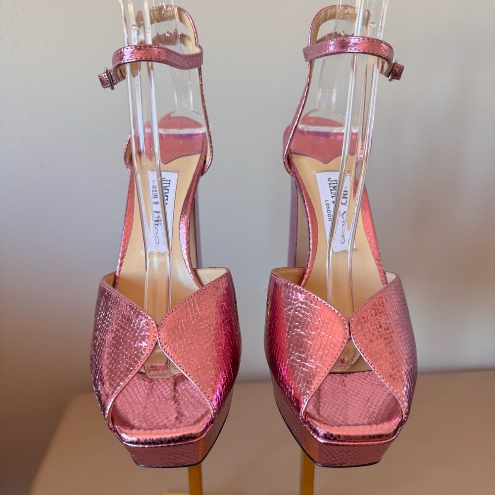 Jimmy Choo Sacaria 120 Pink Metallic Platform Sandals EU 38 Block Heel NWT - Picture 4 of 15